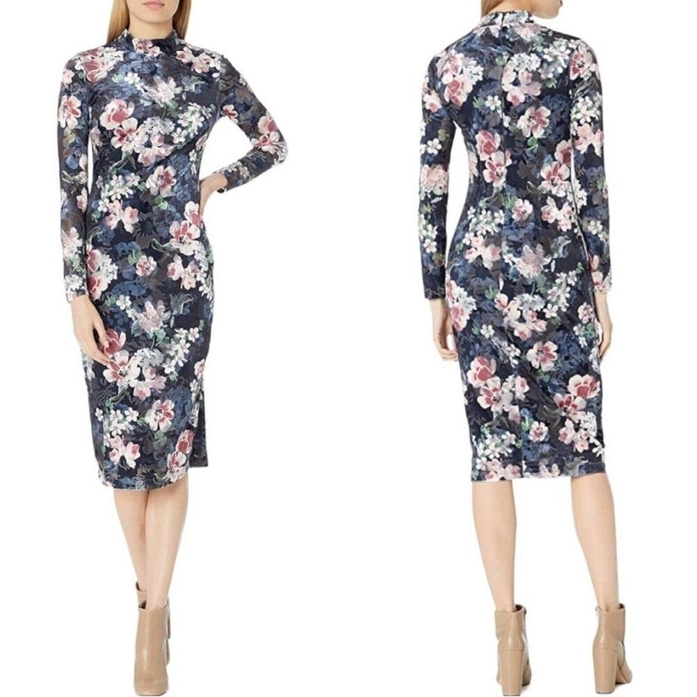 Rachel Roy Blue Floral Velvet Over The Knee long Sleeve Dress